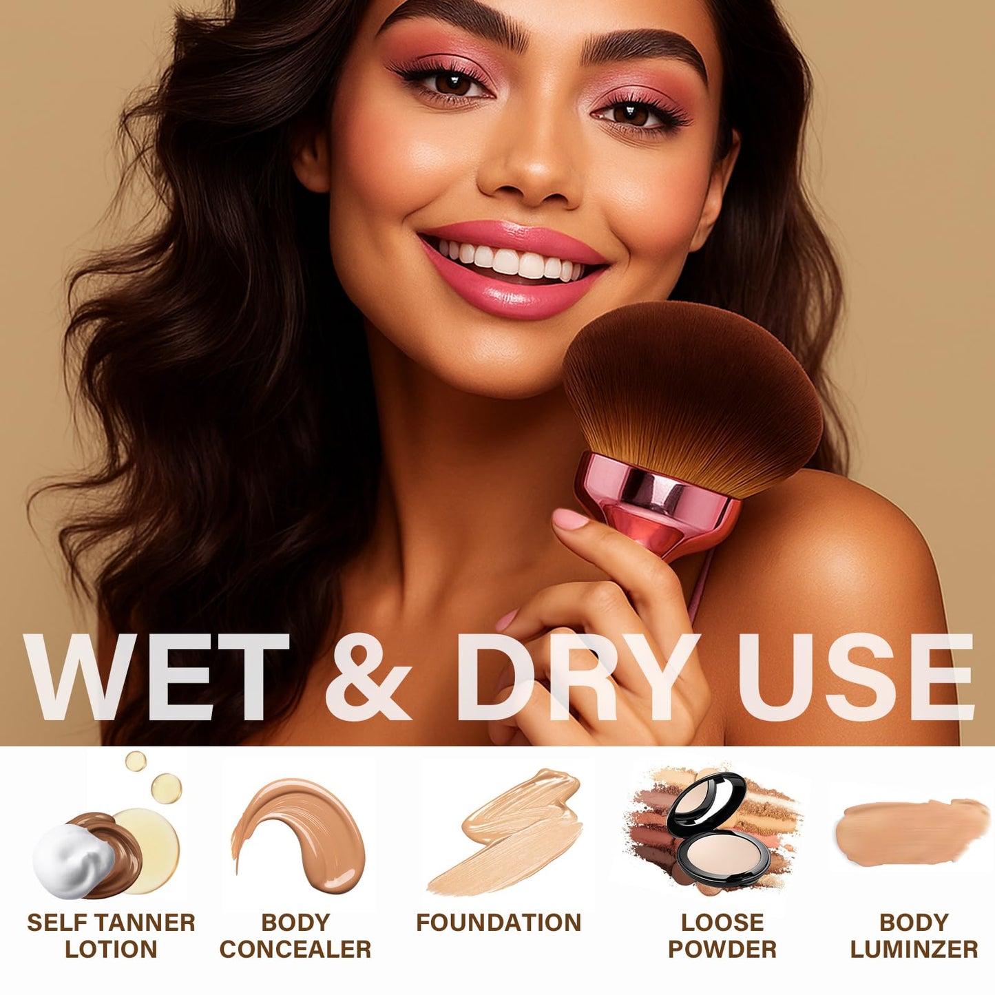 Extra Large Body Makeup Brush For Self Tanner, Leg Makeup &Bronzer Blend,90 mm Wide-headed Kabuki Brush Provides More Even &Pretty Application, Oval Face&Back Makeup Brush, Wet&Dry Use- Pink Rose Gold