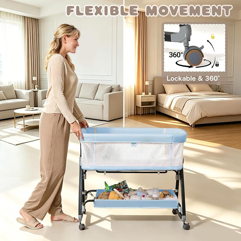 Feelogos Baby Bassinet Bedside Sleeper with Mattress, 6-Height Adjustable Co-Sleeper with Mesh, Storage - Blue