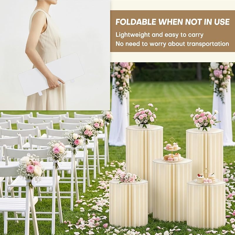 Youjoitim 5-Pack White Cylinder Pedestals Stands, 15.7/23.6/31.5 Inch Height, Foldable Cardboard Display Columns