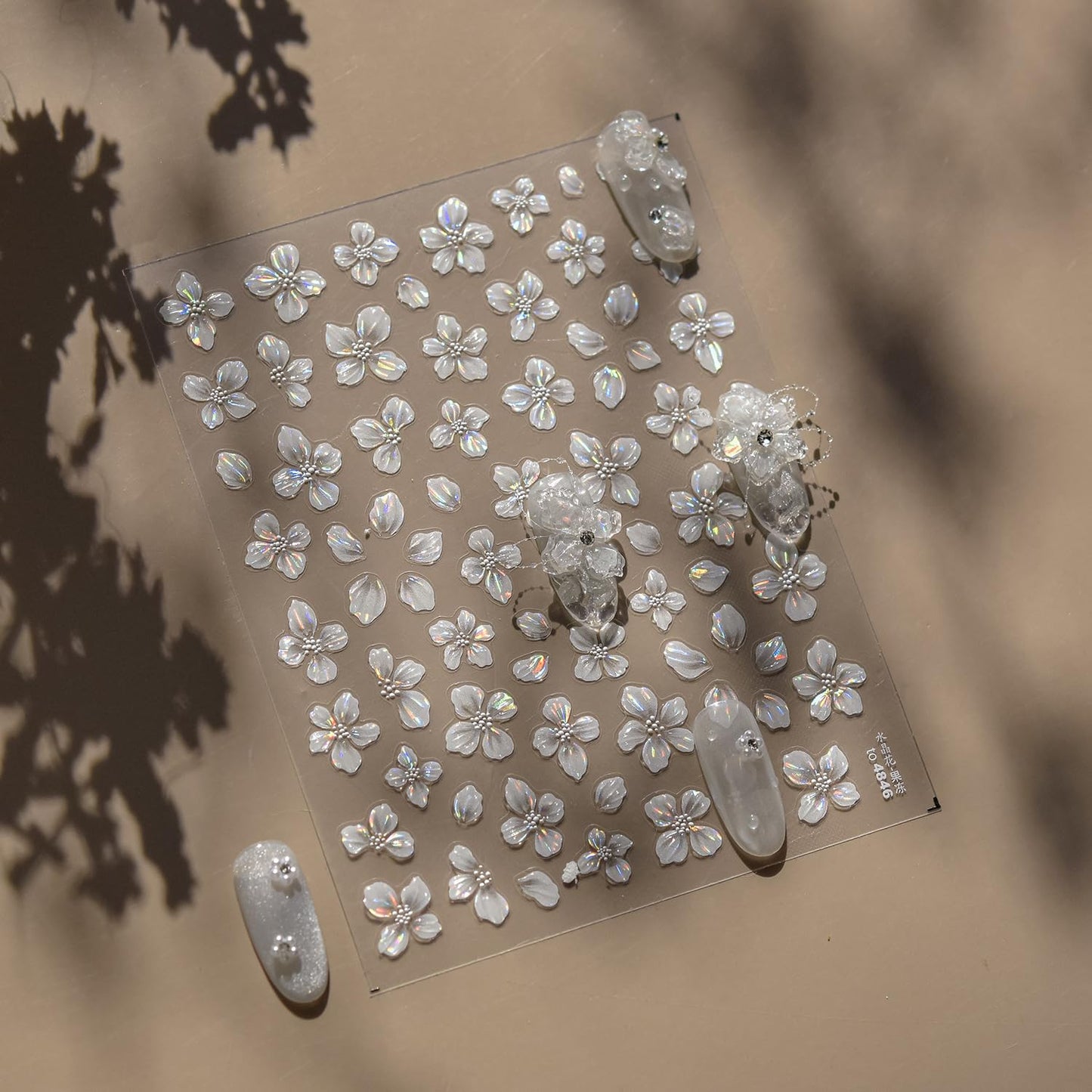 1 Sheets Embossed Flower Nail Stickers for Nail Art Holographic Laser Summer Floral Nail Art Stickers 5D Self-Adhesive Crystal Petals Nail Decoration White Flowers Nail Decals for Women Nails Designs