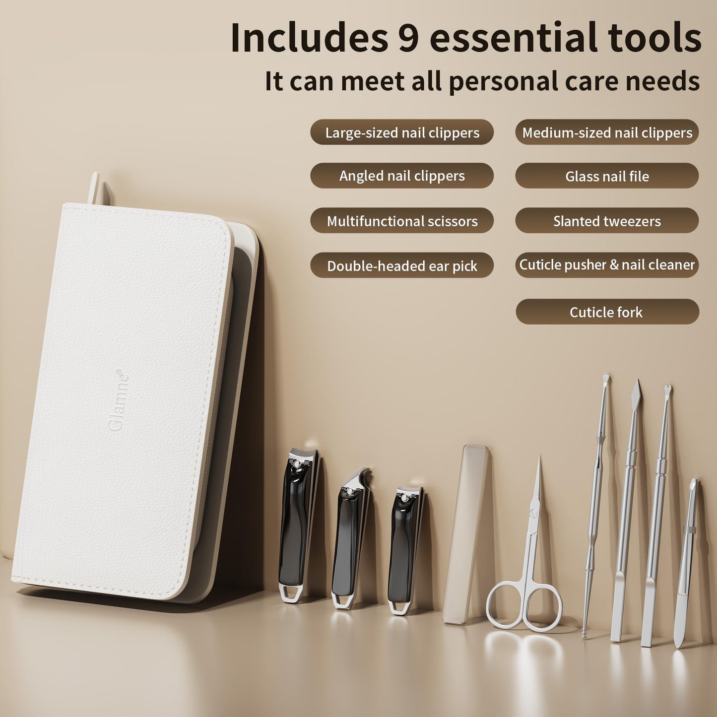 Nail Clippers Set Tweezers Scissors Manicure Grooming kit 9 in 1 with Zip Leather Case