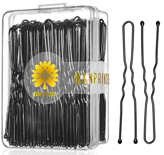 KANPRINCESS 100PCS 2.4Inch U Shaped Hair Pins,Black Bobby Pins for All Hair Types,Hair Pins for Women,Pain-Free U Pins for Buns With Box（Black）