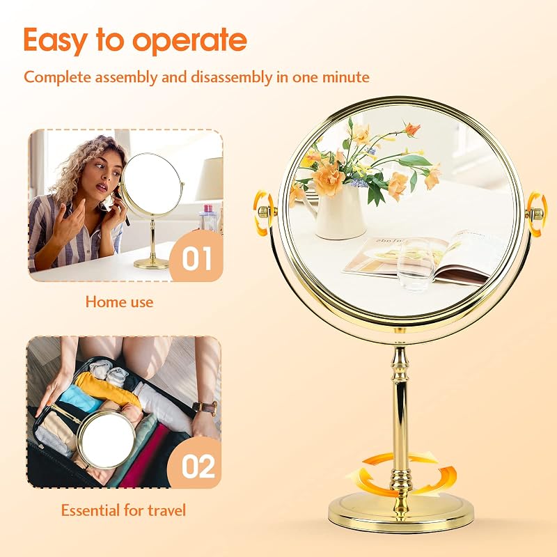 Ohotecy 8" Dual-Sided Tabletop Makeup Mirror with 10x Magnification - Chrome Finish, Variation: Gold