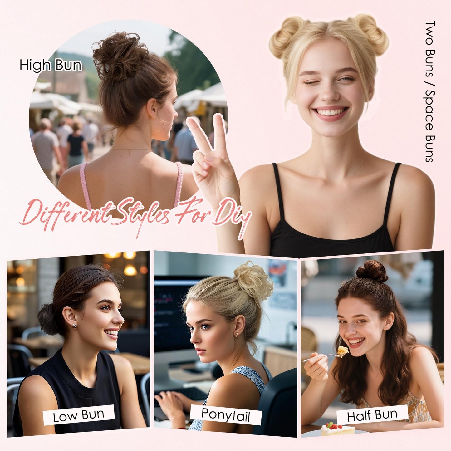 Hairro Human Hair Messy Bun, 100% Real Ponytail Hair Scrunchies, Natural Curly Chignon Fluffy Donut Updo, Hairpiece with Elastic Rubber Band for Women, 1 Count Golden Brown Straight