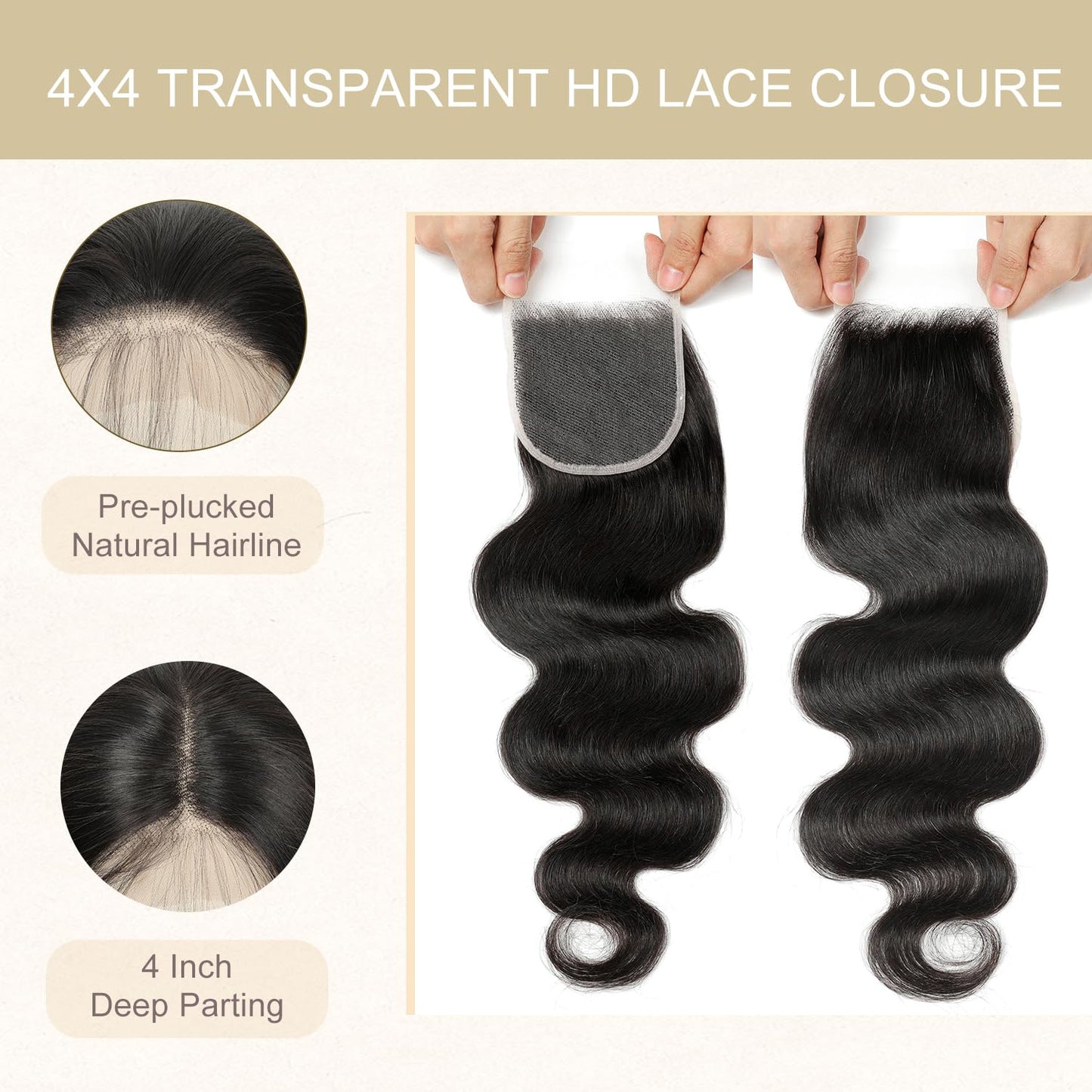 5x5 HD Lace Closure Body Wave Human Hair - Pre-Plucked Natural Hairline (10 Inch, Natural Color)