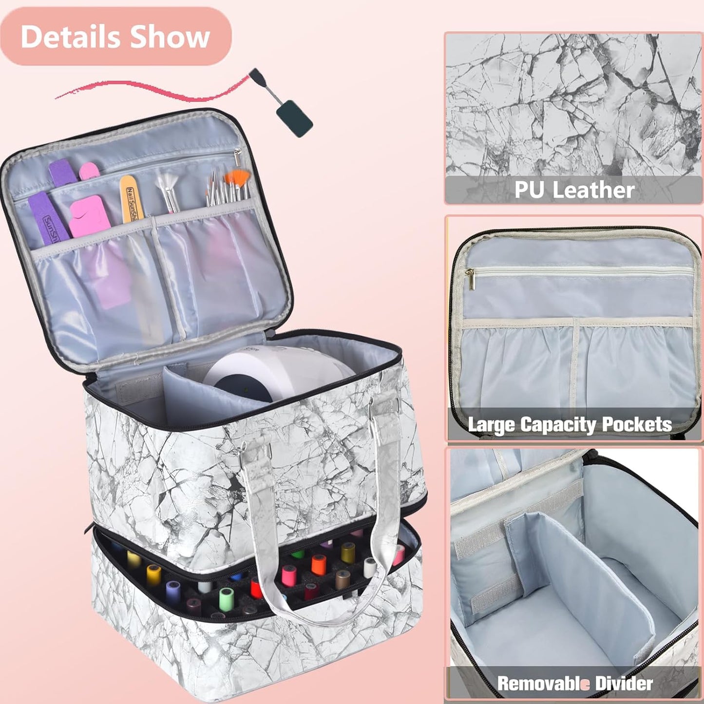 Nail Polish Organizer Bag with Travel Case for 30+ Bottles & Nail Lamp - Purple