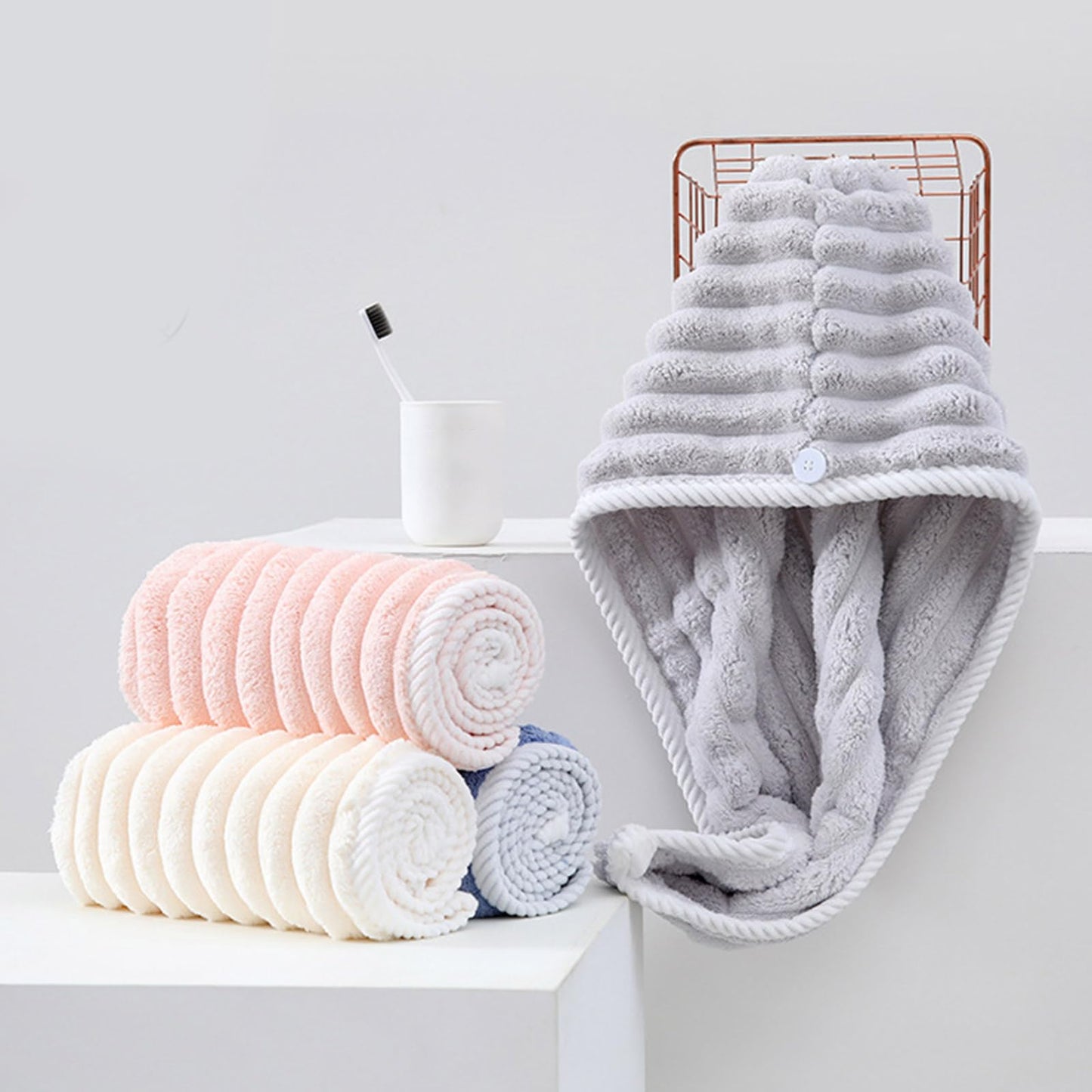 CAUNLA Super Absorbent Hair Towel Wrap for Wet Hair Quick Dry Microfiber Hair Towel with Button Shower Caps Bath Accessories