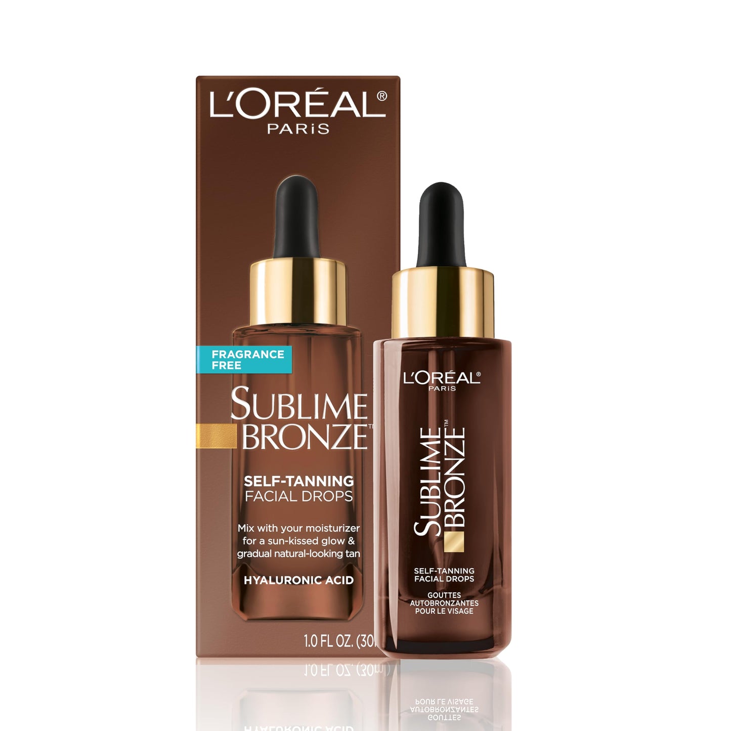L'Oreal Paris Sublime Bronze Self Tanning Facial Drops with Hyaluronic Acid, Gradual Tan, Fragrance-Free, 1 fl. Oz