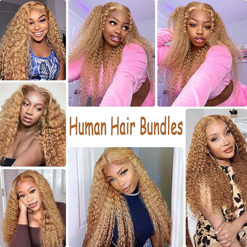 Honey Blonde Water Wave Hair Bundles - #27-W, 12-16 Inch, 3 Pack, Unprocessed Brazilian Virgin Remy Human Hair