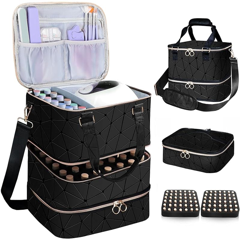 Nail Polish Organizer & Storage Case Holds 84 Bottles 3-Layer PU Leather Bag with UV Lamp (Black) - Detachable & Portable