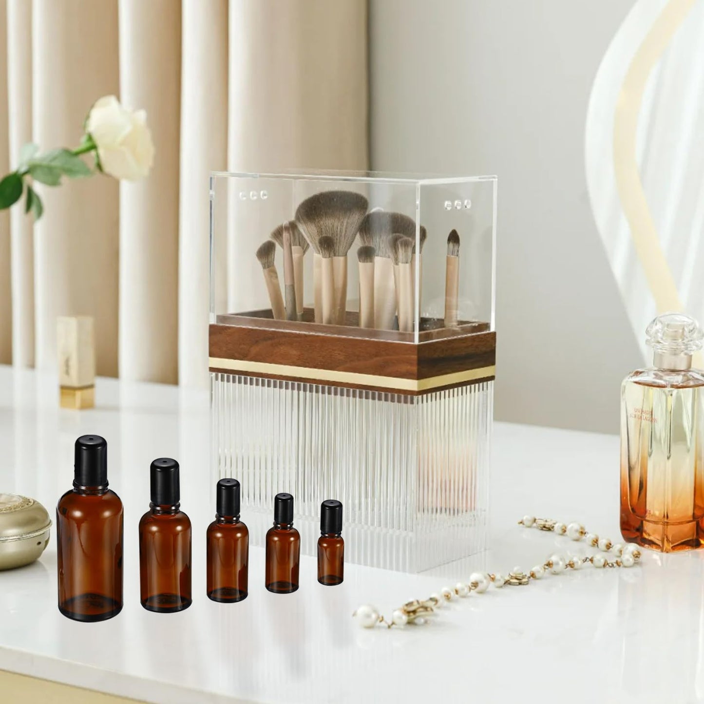 HEYLEAYAR 50ML Roller Bottles for Essential Oil, 3 Pack Empty Amber Glass Roller Bottle for Perfume Oil, Roll on Bottles with Stainless Steel Roller Balls, Opener, Funnel and Dropper