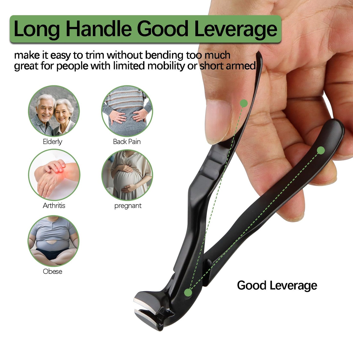 VOGARB Long Handled Toenail Clippers for Thick Toenails, Ergonomic Non-Slip Toe Nail Clippers for Thick Nails for Seniors, Men, Angled Head Wide Jaw Opening Anti-Splash (Black)