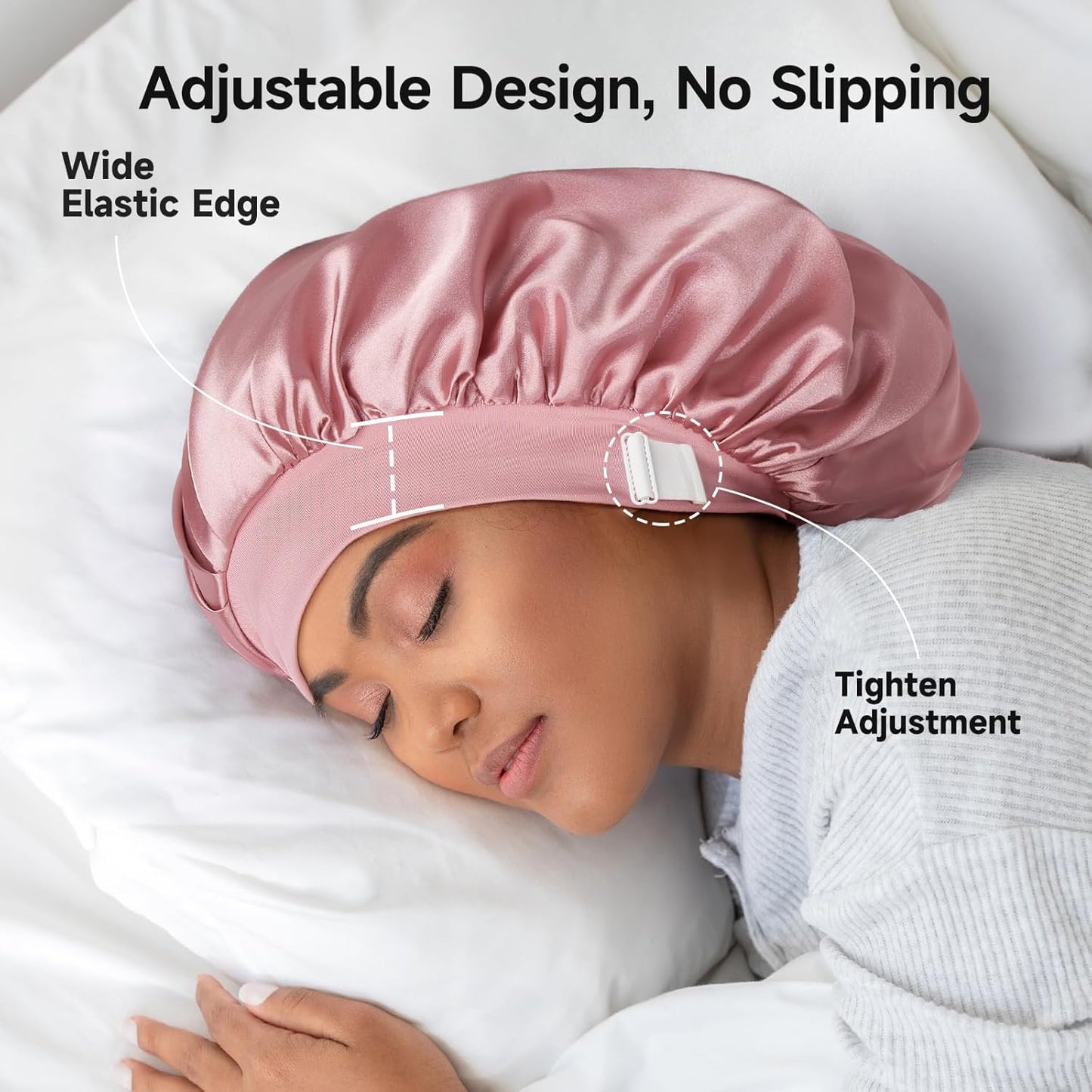 22 Momme Mulberry Silk Bonnet for Women - Double-Sided Non-Slip Sleep Cap for Long Curly Hair, Adjustable Band, Ebony