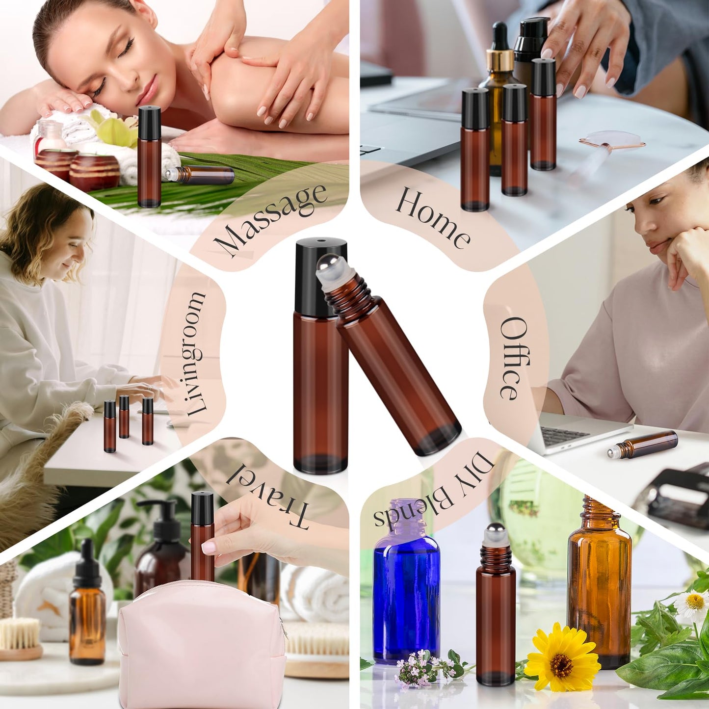 ZEJIA Amber Glass Roll on Bottles 10ml Roller Bottles | for Essential Oils, 6 Pack, Refillable Perfume Bottle, with Stainless Steel Roller Balls, 2 Droppers, 1 Opener, Labels