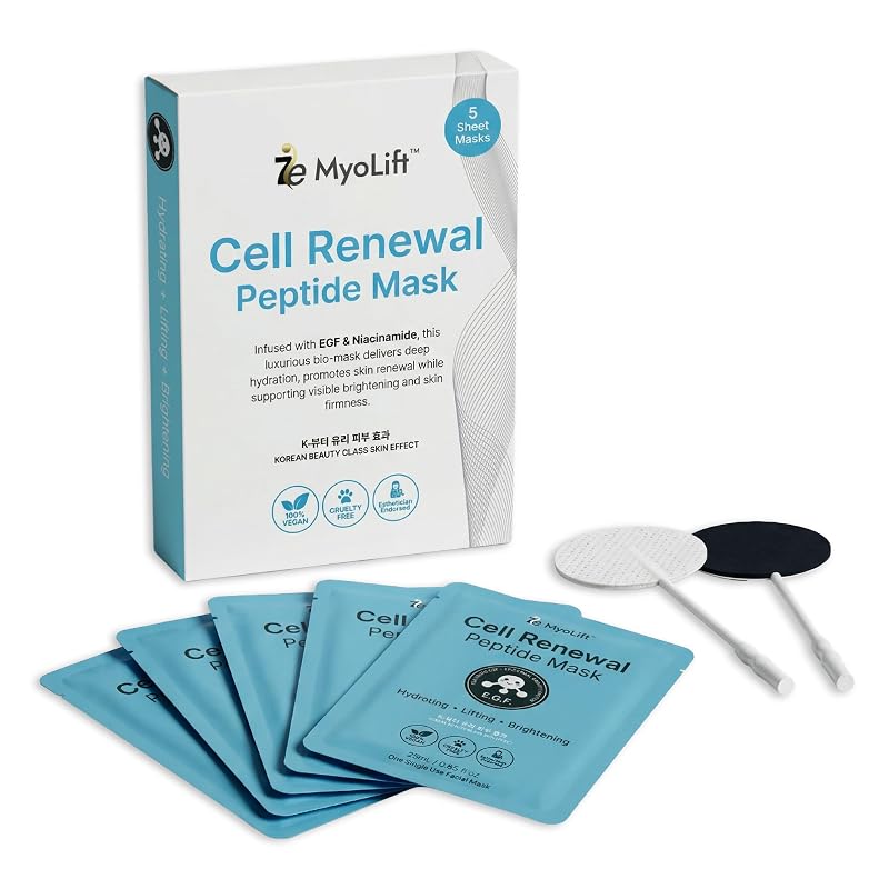 MyoLift Cell Renewal Peptide Mask (EGF) – 2 Pack Bio-Cellulose Face Mask, Niacinamide & Hyaluronic Acid