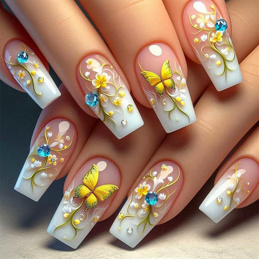 24PCS Rhinestones French Tip Press on Nails Medium Square Shape White Gradient Yellow Flower Butterfly Fake Nails with Glue Full Cover Pink Glossy False Nails for Women Manicure Decoration