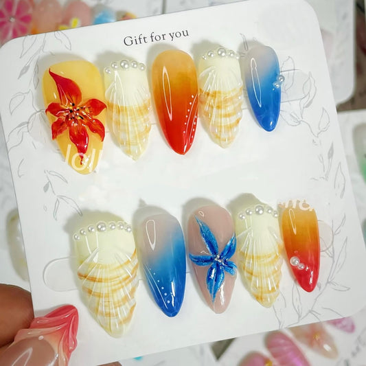 30Pcs Summer Press on Nails Medium Almond Fake Nails 3D Red Blue Flower with Pearl Full Cover Artificial Cute Shell Glue on Nails Summer False Nails Stick on Nails for Women Girls Acrylic Nails DIY