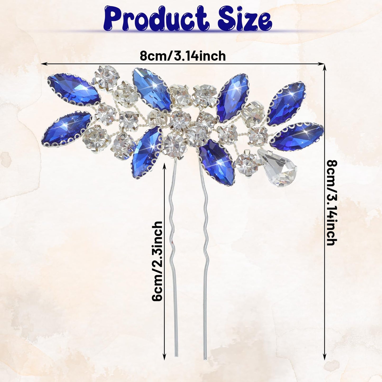 2Pcs Crystal Bridal Hair Pins, Rhinestone Royal Blue Hair Accessories, Decorative Sparkle Wedding Hairs Pins, Blue Silver Hairs Clips for Prom Women Girls Bridesmaids
