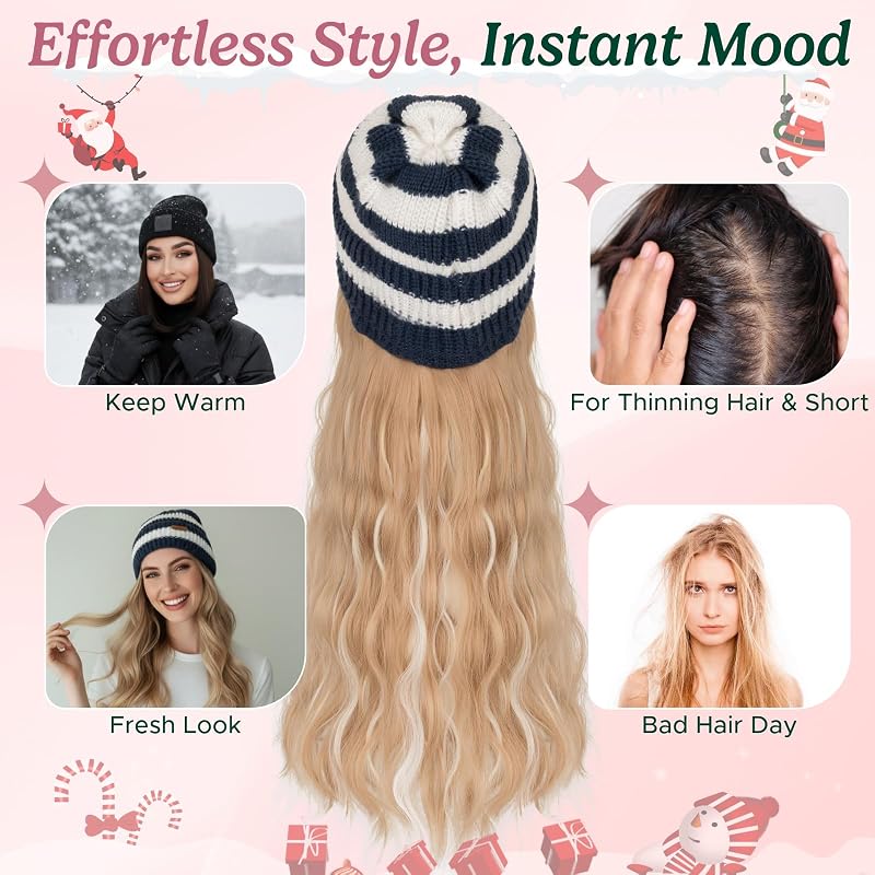 Beanie Wig with Hair 18in Synthetic Extensions in Blue/White Stripes - Ash Blonde Mix (#18P613) Variation 3