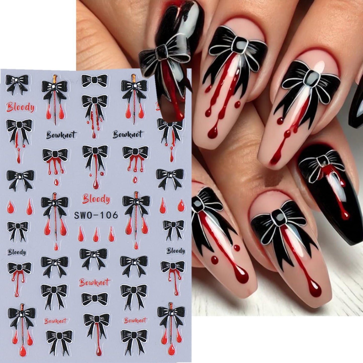 4 Sheets Halloween Nail Stickers for Nail Art Black Bow Spider Web Nail Decals with Crystal Diamond Designs Bloody Bows Nail Art Stickers 5D Self-Adhesive Halloween Nail Decoration for Women