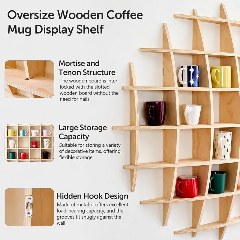 Oversize 46 x 46 Inch Wall-Mount Mug Display Shelf with 28 Slots