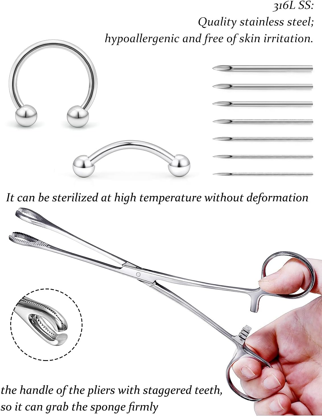 316L Surgical Steel Body Piercing Tools Kit - 9 Styles for Nose, Septum, Lip, Tongue & More
