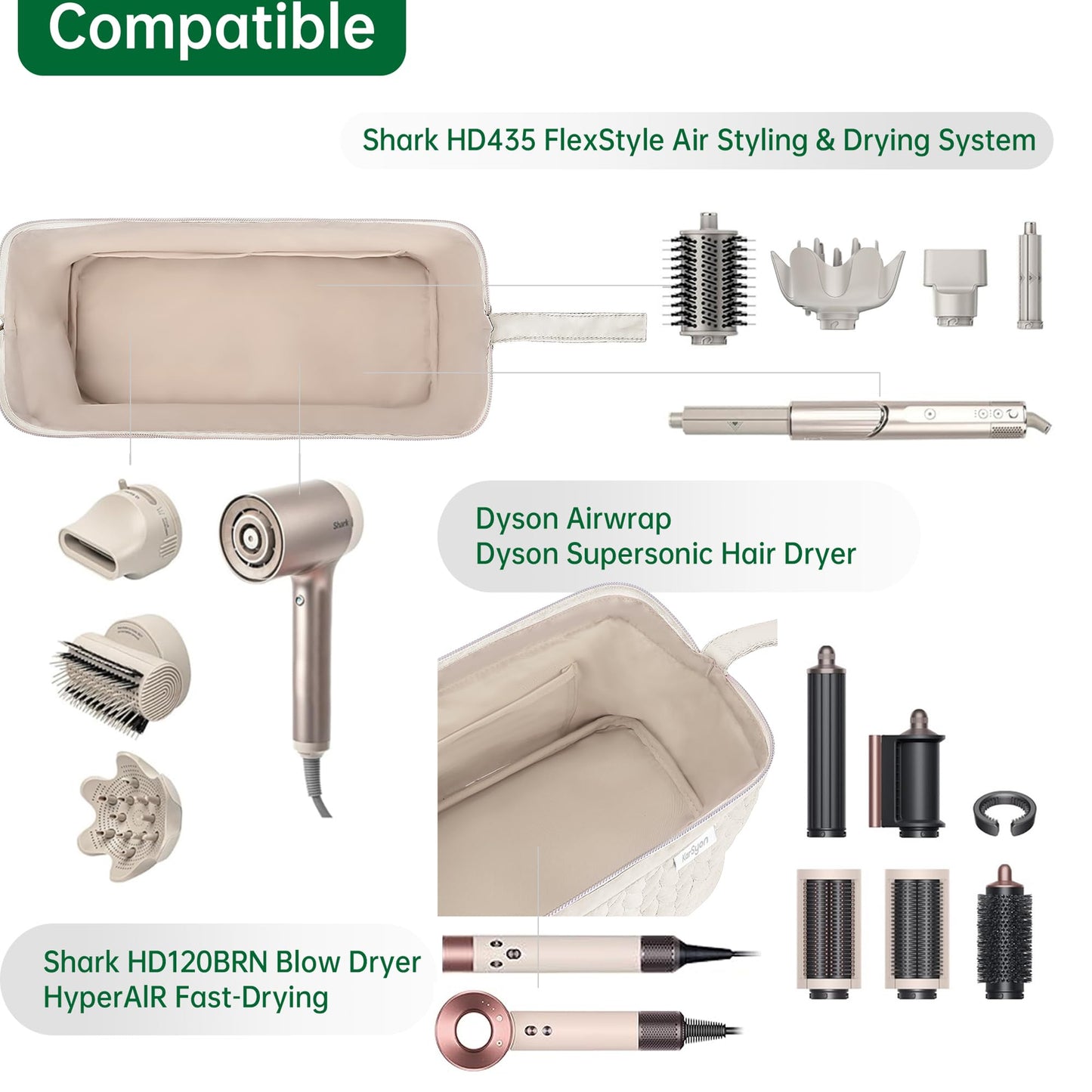 KarSyon Shark Flex Style Case for Dyson Airwrap Hair Dryer Brush Revlon Hair Tools Travel Bag Carrying Case Flat Curling Iron Organizer (Beige)