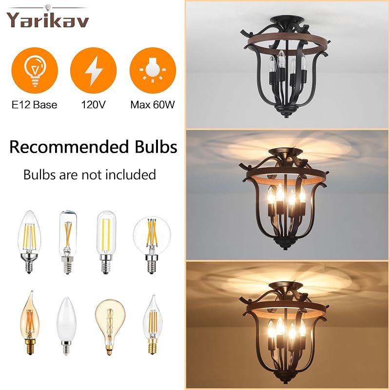 Farmhouse 4-Light Cage Chandelier - Black Metal & Faux Wood Flush Mount with Variation: Black & Imitation Wood Grain+4 Lights