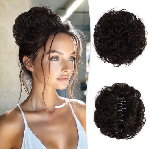 RUWISS Large Messy Bun Hair Piece with Claw Clip Human Hair Bun Wavy Curly Chignon Hair Bun Extensions Tousled Updo Hair Pieces for Women Claw Clip Ponytail Hair Scrunchies for Women, Brown Black
