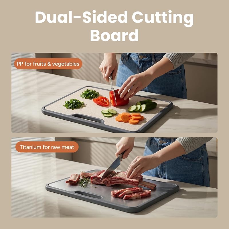 SMIRLY Titanium Cutting Board Set - 3 Pack, Dishwasher Safe, Double-Sided (Silver)