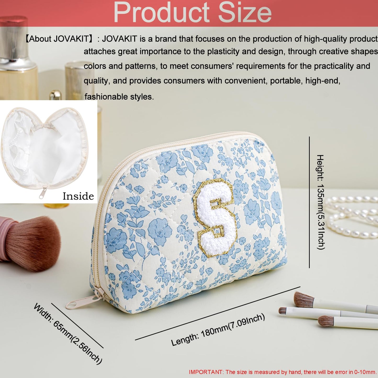 JOVAKIT Conch Alphabet Makeup Bag Cosmetic Bag for Women, Christmas Gifts for Women Girls, Blue Floral Coquette Travel Bag, Zipper Make Up Pouch Organizer Trendy Stuff (Blue Floral S)