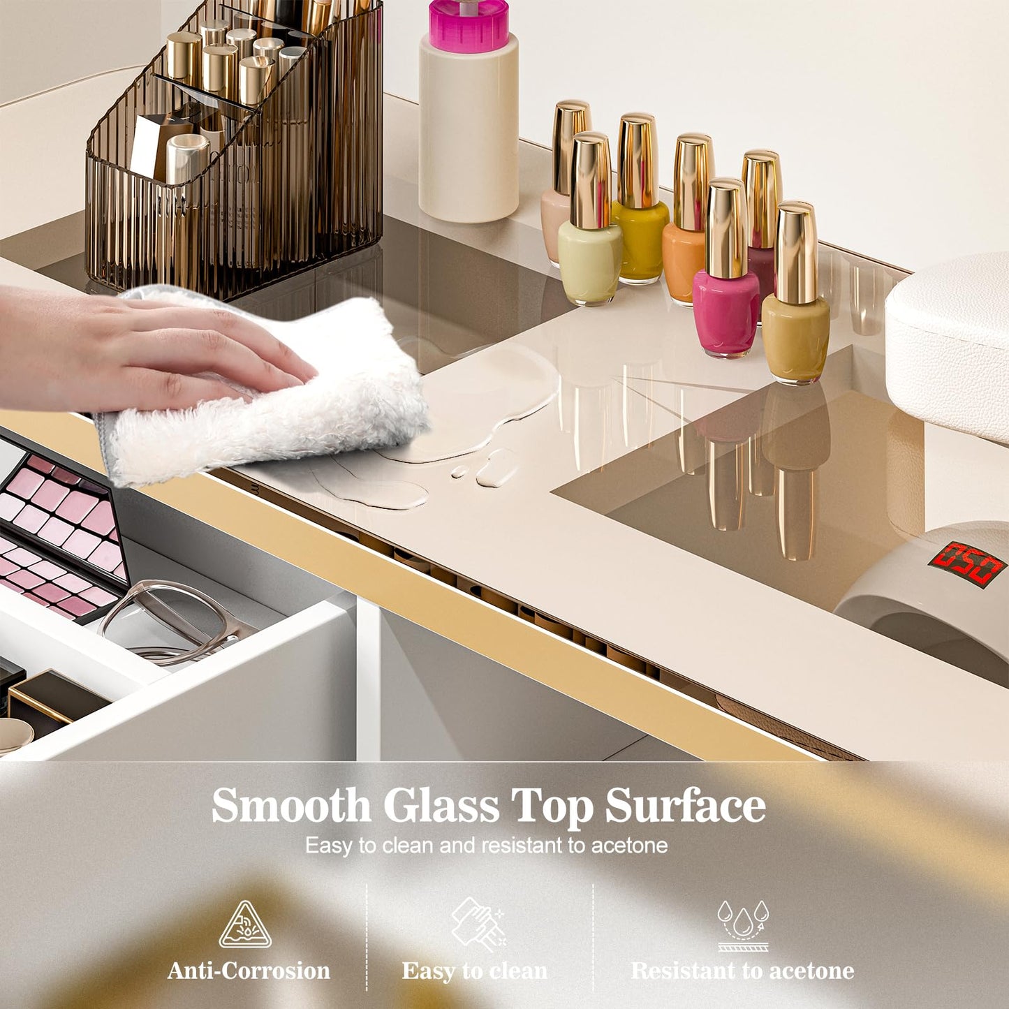 Paddie Manicure Table for Nail Tech, Glass Top Nail Desk Station w/4 Drawers & 2-Tier Storage Shelves, Salon Beauty Workstation Acetone Resistant w/Wrist Cushion, Golden Handles (White)