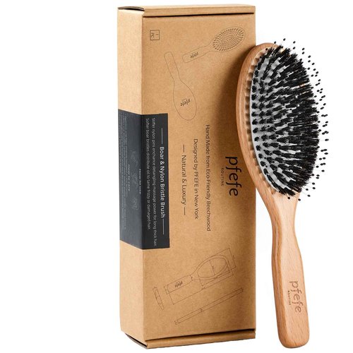 Boar Bristle Hair Brush - Natural Beechwood Detangling Brush for Men & Women, Soft Wooden Bristles Bursh with Travel Bag, Hairbrush for Long Short Thick Curly Wet Dry Hair