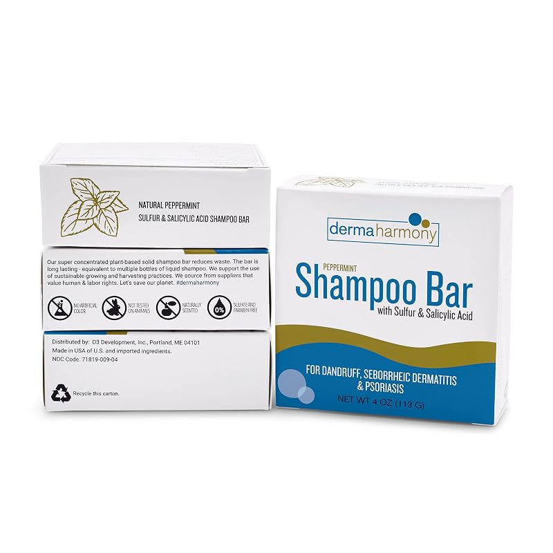 DermaHarmony Sulfur 5% & Salicylic Acid 2% Dandruff Shampoo Bar, 4 oz (Pack of 2) — Peppermint
