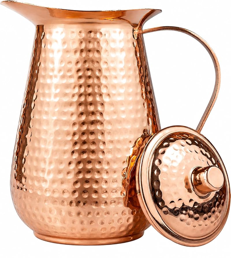 70 Ounces Bold & Divine Pure Copper Pitcher with Lid – Hammered Jug for Water & Beverages