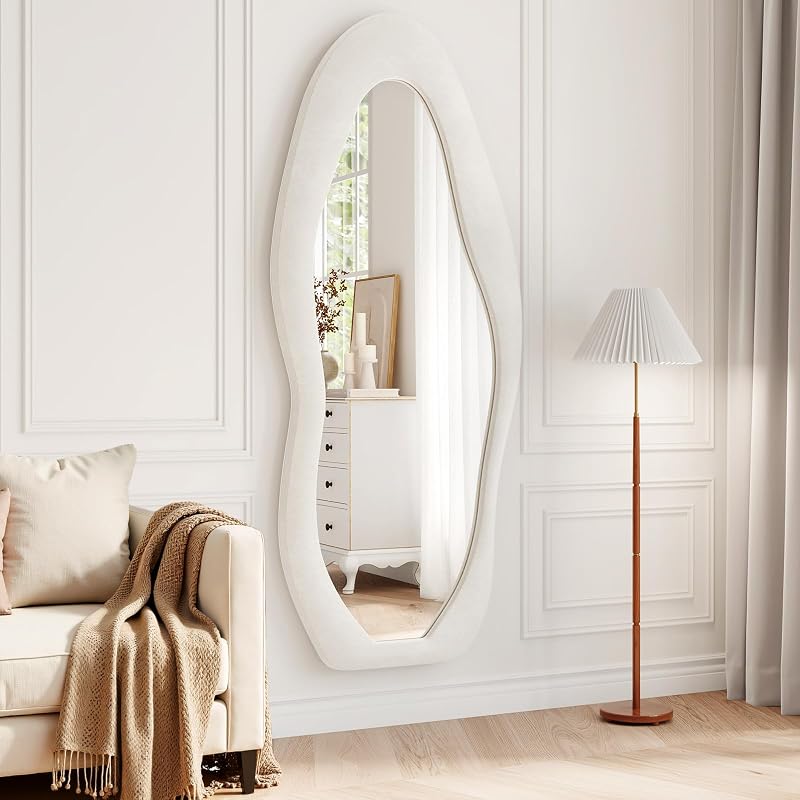 Wall Mirror 56 x 24 in - Irregular Wavy Full Length Flannel Frame (Beige, 56"L x 24"W) - FlyEcho