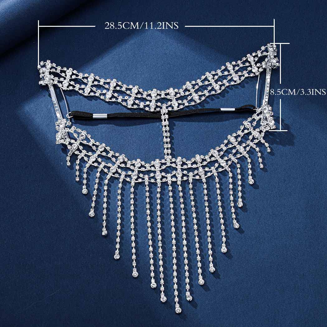 Fdesigner 1920s Rhinestone Masquerade Mask Costume Headpieces Flapper Face Cover Head Chain Jewelry for Women (Silver-Unique)