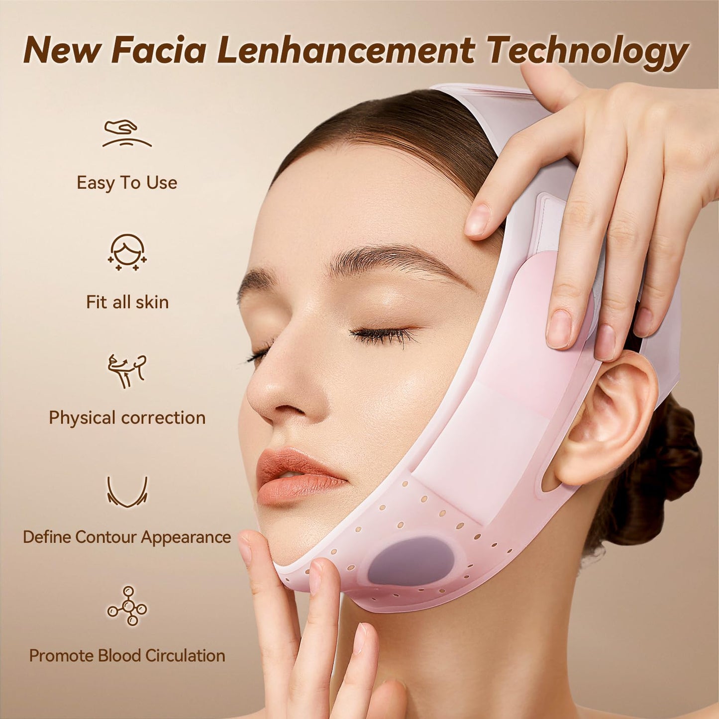 JUSRON V-Line Mask Chin Up Mask Face Strap, Soft Silicone Chin Strap V Shaped Face Mask 23-27 Inches (Pink)