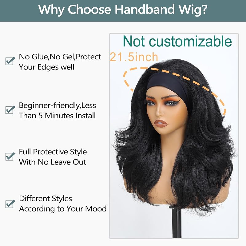 Glueless 16 Inch Wavy Wig with Headband – X-TRESS Natural Black Detroit Layers OS Variation