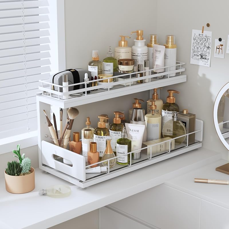 Under-Sink 2-Tier Pull-Out Organizer with Height-Adjustable Rails - 18.5x12.8x16.9 in (White) - 2 Pack