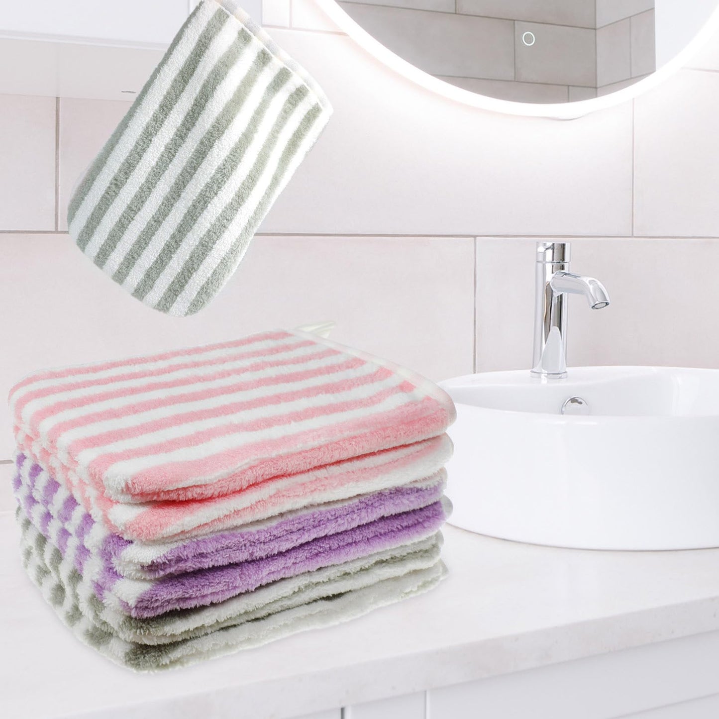 6 Striped Bath Mitts Washcloths, PHOGARY Small Hand Towels with Hanging Loop, 5"x8" Super Absorbent Soft Coral Fleece Face Towels Kid Teen Adult Body Facial Cloths Machine Washable Cloth for Showering