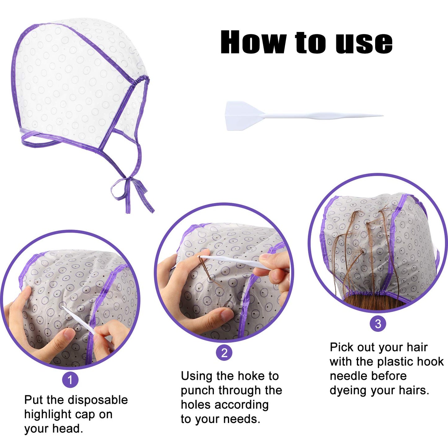 6 Pieces Hair Cap Highlighting Frosting Cap Highlight for Dye Color with Plastic Hooks Hair Coloring Salon Hairdressing Tool Kit Supplies(Purple)