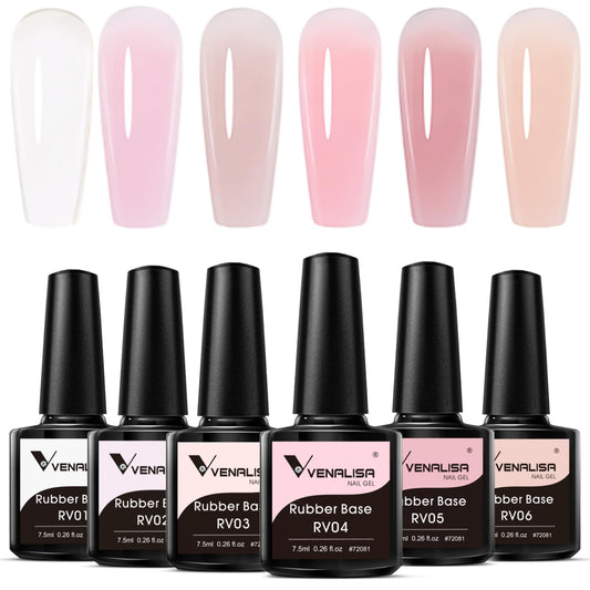 VENALISA Rubber Base Gel Nail Polish Set of 6 Colors Clear Sheer Nude Pink Rubber Base Coat Jelly Neutral Skin Tone Transparent Soak Off UV Gel Salon Nail Art DIY at Home Manicure
