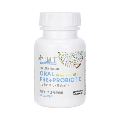 StellaLife Probiotics Oral PRE+PROBIOTICS LOZENGES, Dental Probiotics for Healthy Teeth/Gums, Bad Breath, VIT C & D, Zinc, Xylitol, Strawberry Flavor