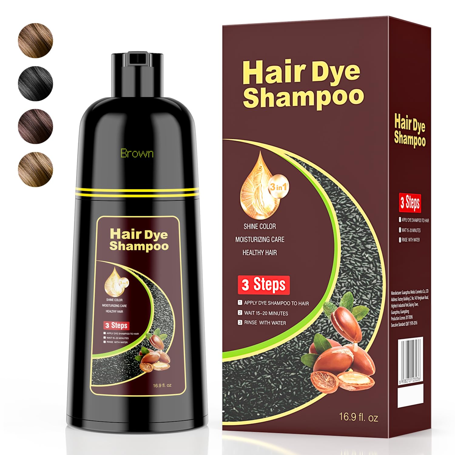 Black Hair Dye Shampoo 3 in 1，Argan Herbal Hair Color Shampoo Covers Gray Hair for Women and Men (16.9 fl.oz Black)