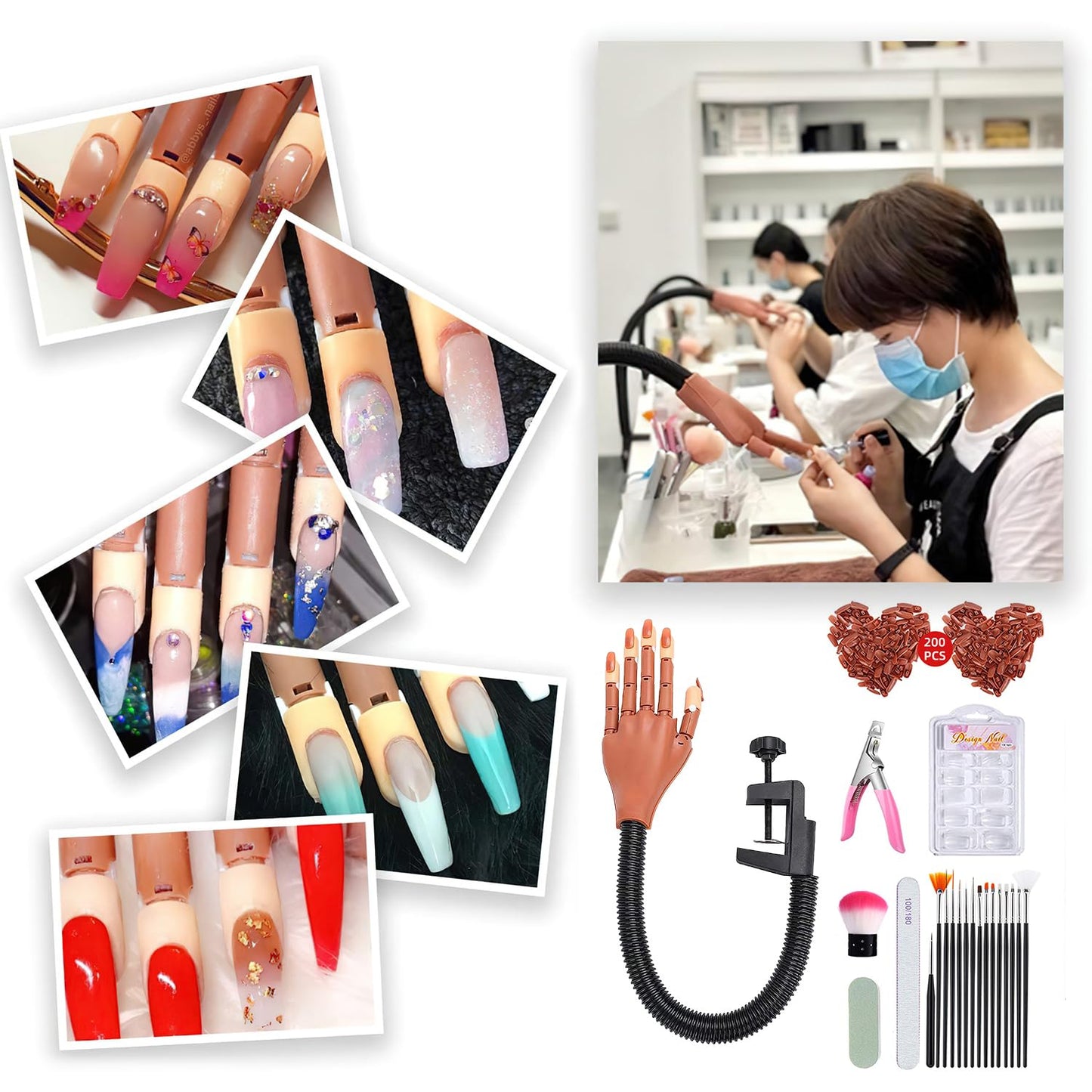 Practice Hand for Acrylic Nails, Professional Nail Practice Hand for Training, Adjustable False Fake Mannequin Hand with Nail Tips, Upgrade DIY Nails Display Manicure Supply (Hand tool set)