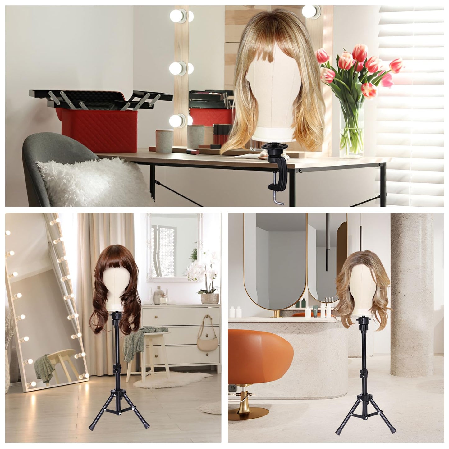 PWEOUKE 22 Inch Canvas Wig Head with Stand for Wigs ,Height Adjustable Wig Stand Tripod with Canvas Block Wig Head,Manikin Head Block Set for Cosmetology with Wig Stand and Storage Bag 22 Inch