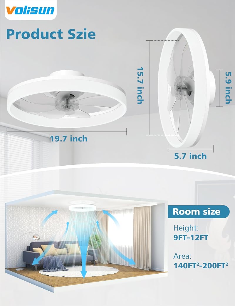 VOLISUN White 20 Inch Low-Profile Ceiling Fan with Lights, Remote, 3000K-6500K Dimmable, Flush Mount Variation: White+20 INCH