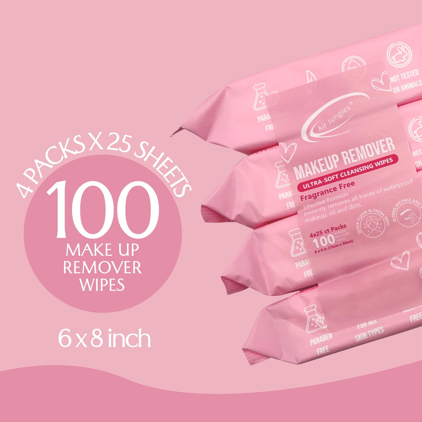 Air Jungles Makeup Remover Wipes 25 Count (Pack of 4), Extra Large 6" x 8", Fragrance-Free, Removes Makeup and Oil, Soft Cleansing Wipes, Alcohol Free