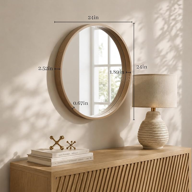 24-Inch Natural Round Wood Mirror with Circle Frame - Wall-Ment Bathroom & Living Room